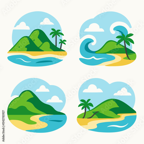 Set Four Cartoon summer landscape. Nature paradise island view, green hills, ocean wave and sky landscape flat vector illustration. Ocean view panorama
