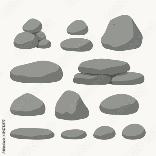 Set Ten Granite stones. Mountain rock stone heap, boulder rocky stones, granite rocks and grey pebbles vector symbols illustration set. Stones collection