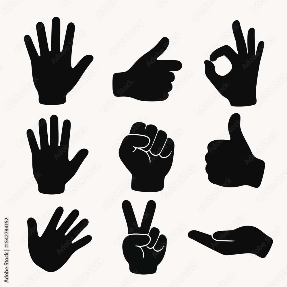 Fototapeta premium Set Vector Hands silhouettes. Cartoon human hands signs, hand palms gestures flat vector illustration set. Hands signs silhouettes