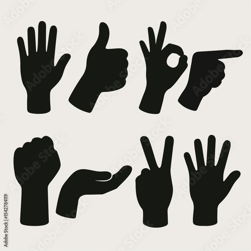 Set Vector Hands silhouettes. Cartoon human hands signs, hand palms gestures flat vector illustration set. Hands signs silhouettes