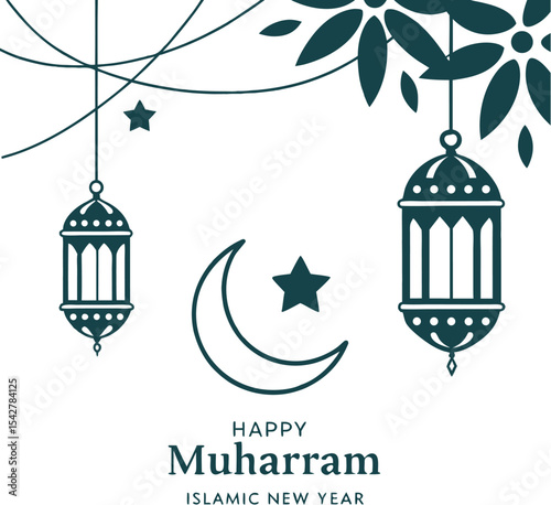 Elegant Happy Muharram Poster with Teal Lanterns, Crescent Moon, and Minimal Floral Design