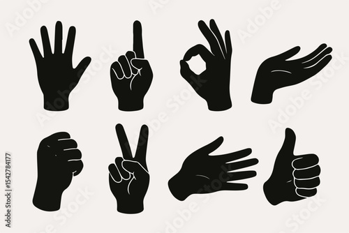 Set Vector Hands silhouettes. Cartoon human hands signs, hand palms gestures flat vector illustration set. Hands signs silhouettes