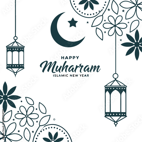 Happy Muharram Islamic New Year Poster with Teal Crescent Moon, Lanterns, and Floral Pattern