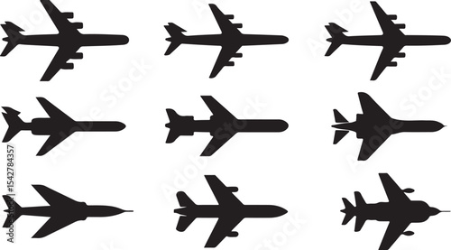 Airplane Silhouette Vector Illustration Set of Aircraft Flying in Sky