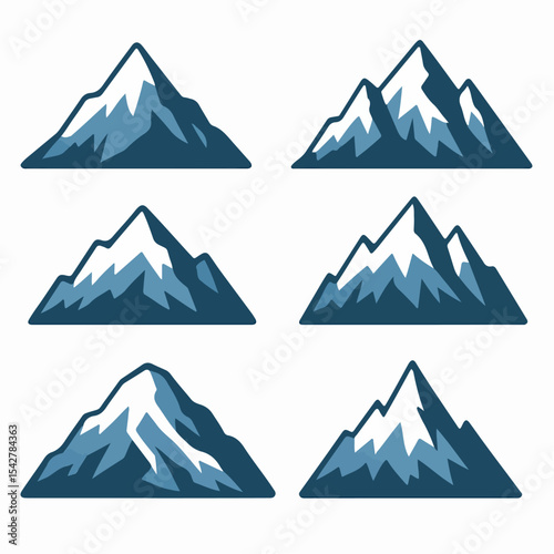 Set Vector Ice mountain silhouette. Nature landscape snowy mountain, rocky range and glacier peak, outdoor hiking flat vector illustration. Cartoon snowy mountain view