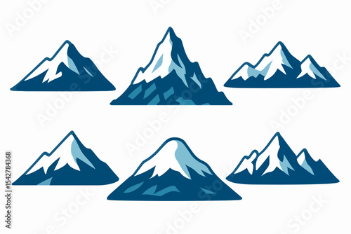 Set Vector Ice mountain silhouette. Nature landscape snowy mountain, rocky range and glacier peak, outdoor hiking flat vector illustration. Cartoon snowy mountain view