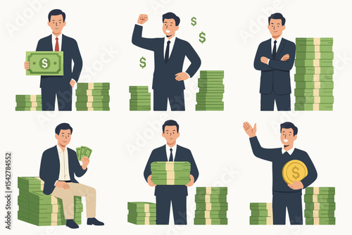Successful rich man. Male character with money stack, financial well-being, men making, saving or investing money flat vector illustration. Financially successful male 