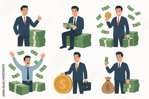 Successful rich man. Male character with money stack, financial well-being, men making, saving or investing money flat vector illustration. Financially successful male 