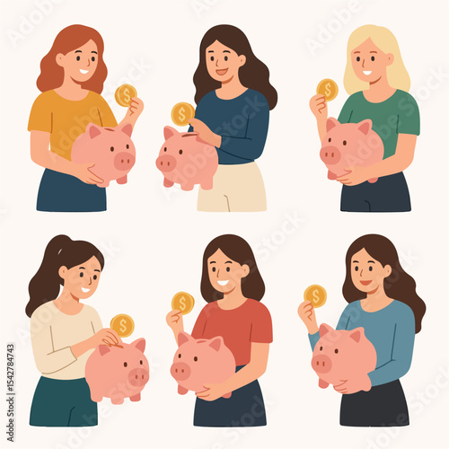 Set Vector Woman with piggy bank. Rich female character, successful rich woman put coins in piggy bank flat vector illustration. Financially successful girl

