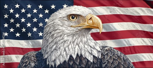 Eagle bird with waving America flag background. 4th of July or America independence day. Generative video AI technology.	
