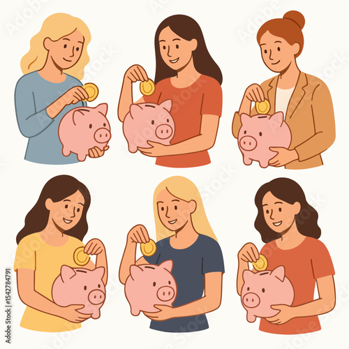 Set Vector Woman with piggy bank. Rich female character, successful rich woman put coins in piggy bank flat vector illustration. Financially successful girl
