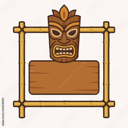 Bamboo tiki tribal mask frame. Totem sign board with wooden mask, totem bamboo frame flat vector illustration. African or Hawaiian aboriginal totem on bamboo frame 