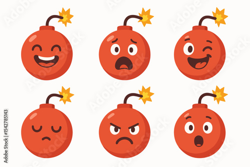 Funny bomb characters. Cartoon bombs with comical face emotions, cute red bomb mascots flat vector illustration set. Comic bombshells with burning wick