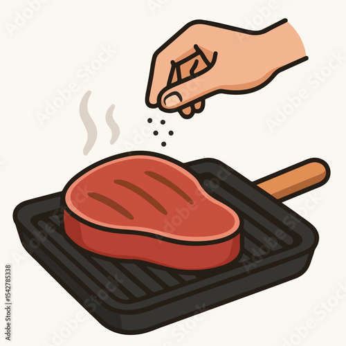 Hand salting grilling steak. Cartoon beef steak cooking process, roasted meat semi-finished products flat vector illustration. Cooking meat steak
