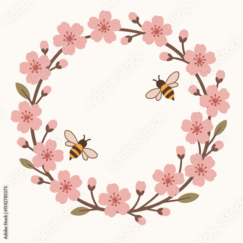 Sakura frame. Japanese blooming cherry pink flowers frame, sakura blossom branch round wreath with bees flat vector illustration. Cherry blossom border