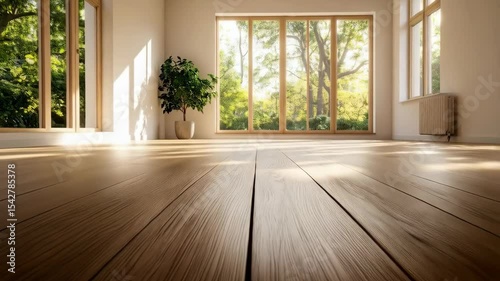 Bright spacious interior living room scene with hardwood flooring and natural daylight coming through large windows overlooking a forest