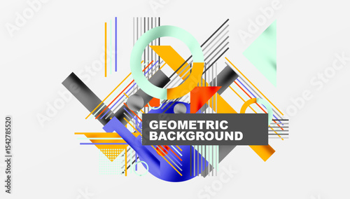 Abstract geometric composition. Overlapping shapes, lines create dynamic visual effect. Bright colors, modern design elements present.