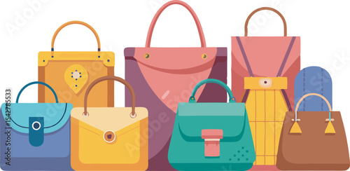 A colorful assortment of stylish handbags and fashion accessories in various designs and sizes