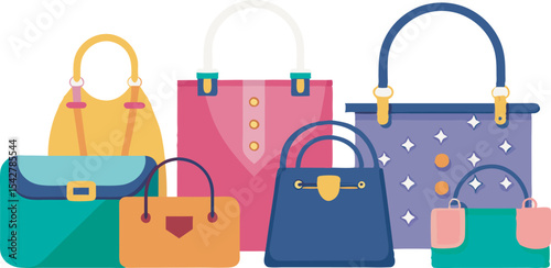A colorful assortment of stylish handbags and fashion accessories in various designs and sizes