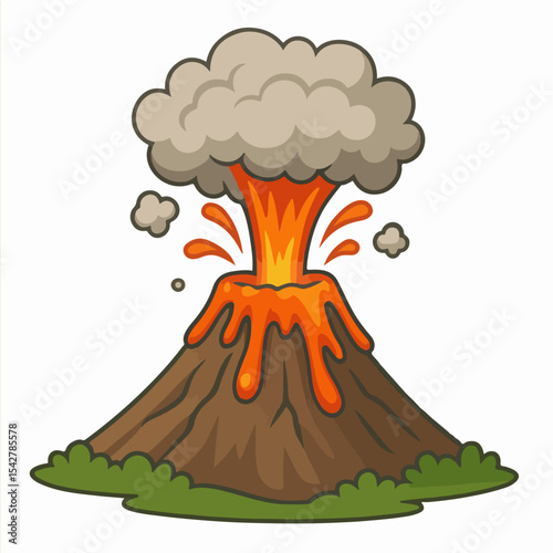 Volcano eruption. Cartoon erupting volcano natural disaster, environmental damage, nature volcano mountain landscape flat vector illustration. Volcano on white background 