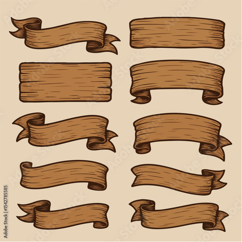 Wooden ribbons. Rustic blank sign boards and ribbon planks, vintage curved banners flat vector illustrations set. Rustic wooden ribbon planks
