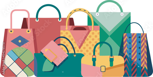 A colorful assortment of stylish handbags and fashion accessories in various designs and sizes