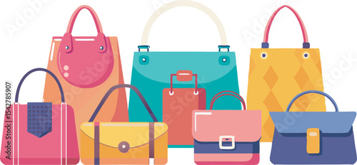 A colorful assortment of stylish handbags and fashion accessories in various designs and sizes