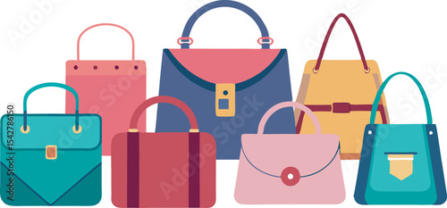 A colorful assortment of stylish handbags and fashion accessories in various designs and sizes