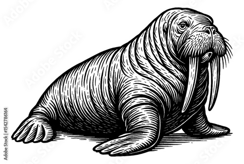 Detailed Engraving of Walrus with Long Tusks Isolated on White Background