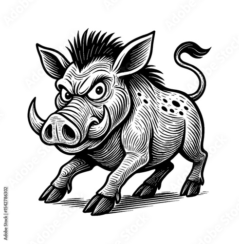 Angry Boar with Tusks Ready to Charge in Black and White Engraving Style Illustration