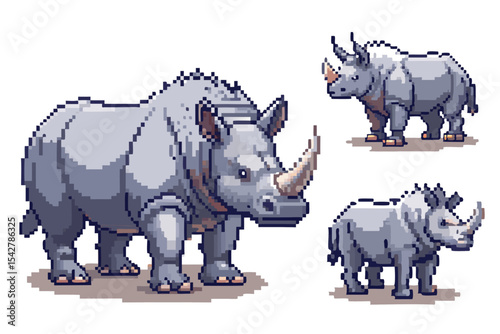 Pixel Art Rhinoceros Sprite Sheet – 8-bit 16-bit 32-bit Retro Rhino Animal Character
