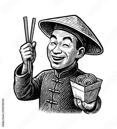 Happy Asian Man in Traditional Hat Holding Chopsticks and Takeout Box in Engraved Style