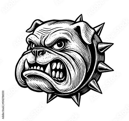 Aggressive Bulldog Head with Spiked Collar in Detailed Black and White Engraving Style