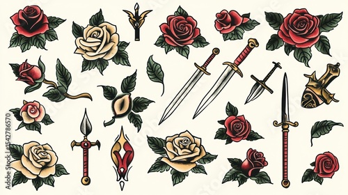 Old school tattoo flash sheet with roses and daggers