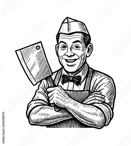 Smiling Butcher with Cleaver in Engraved Style