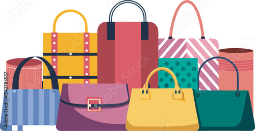 A colorful assortment of stylish handbags and fashion accessories in various designs and sizes