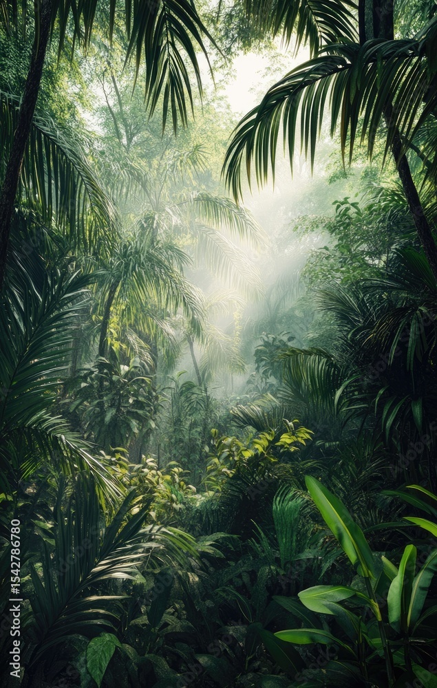 Naklejka premium Lush jungle path bathed in sunlight