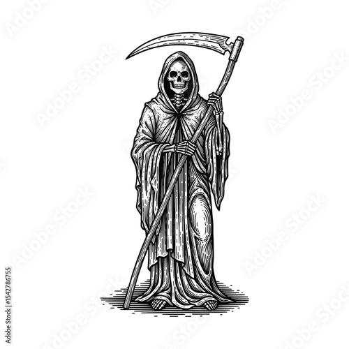Hand-Drawn Vintage Style Engraving of Grim Reaper with Scythe, drawn in an engraved, woodcut style with fine details sketch engraving vector illustration. Scratch board imitation. 