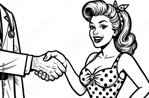 Smiling Pinup Woman in Polka Dot Dress Handshaking with a Doctor Black and White Line Art
