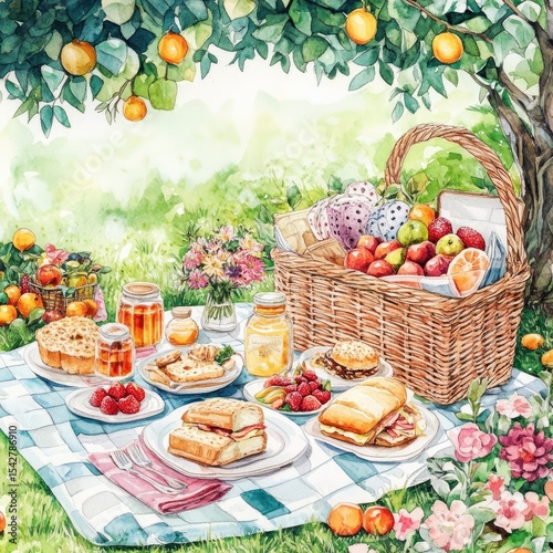 Picnic under a fruit tree.  Colorful basket, food spread on a checkered cloth, flowers