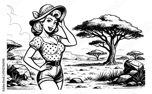 Smiling Caucasian Pinup Woman in Desert Landscape with Tree Line Art Illustration