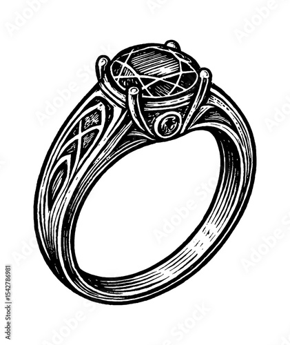 Elegant engraved illustration of a gemstone ring with intricate details and textures, close up