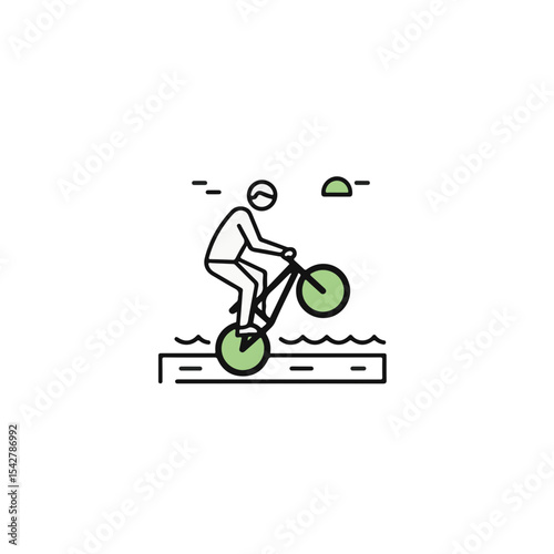 A person on a bicycle performs a stunt on a wooden bridge.
