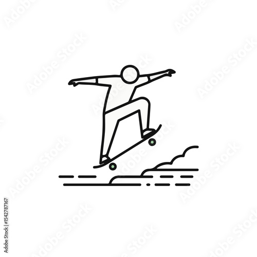 A minimalistic skateboarder line art in mid-air.