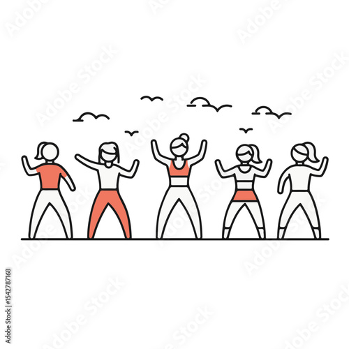 An illustrated line art depicts five people exercising outdoors. 