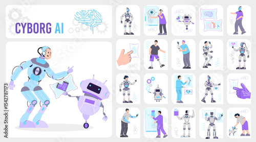 Cyborg ai set with flat vertical compositions of robots with people in droid costumes with text vector illustration.