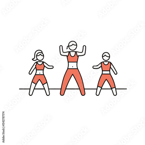Three persons perform exercises in a line. 