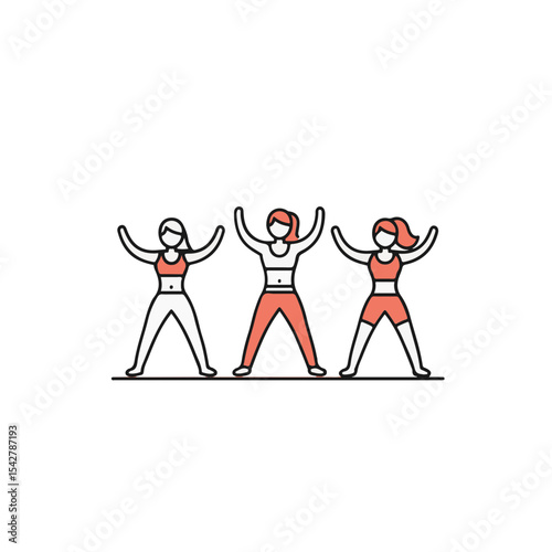 Three female athlete wearing exercise outfits pose in a fitness stance, arms and legs outstretched.