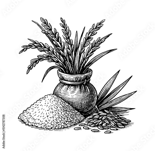 Rice in sack with pile and leaves in detailed black and white outline art drawing