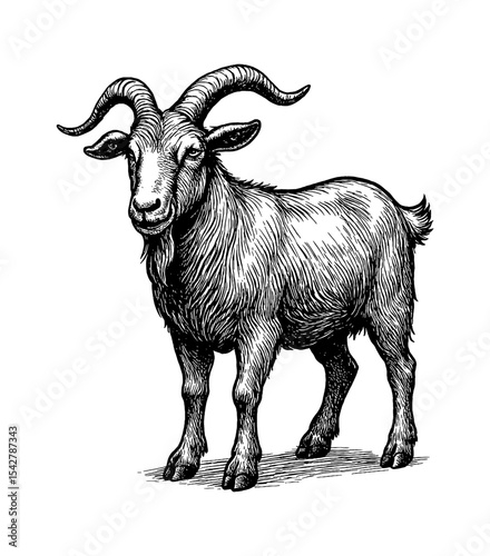 Engraved illustration of a goat standing in a detailed vintage style, isolated on a white background